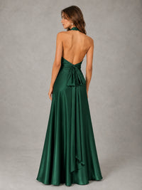 Sage Green Satin A-Line Bridesmaid Dress with Halter Neck