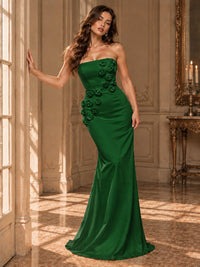 White Strapless Mermaid Maxi Dress with 3D Floral Appliques