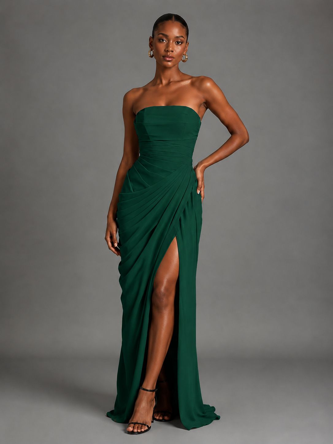 Strapless Bodycon Pleated Chiffon Formal Dress with Slit