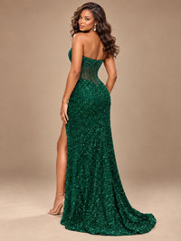 Gold Sequin Strapless Corset Prom Dress with High Slit