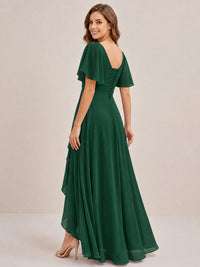 Dusty Blue Chiffon Bridesmaid Dress with Flutter Sleeves & High-Low Hem