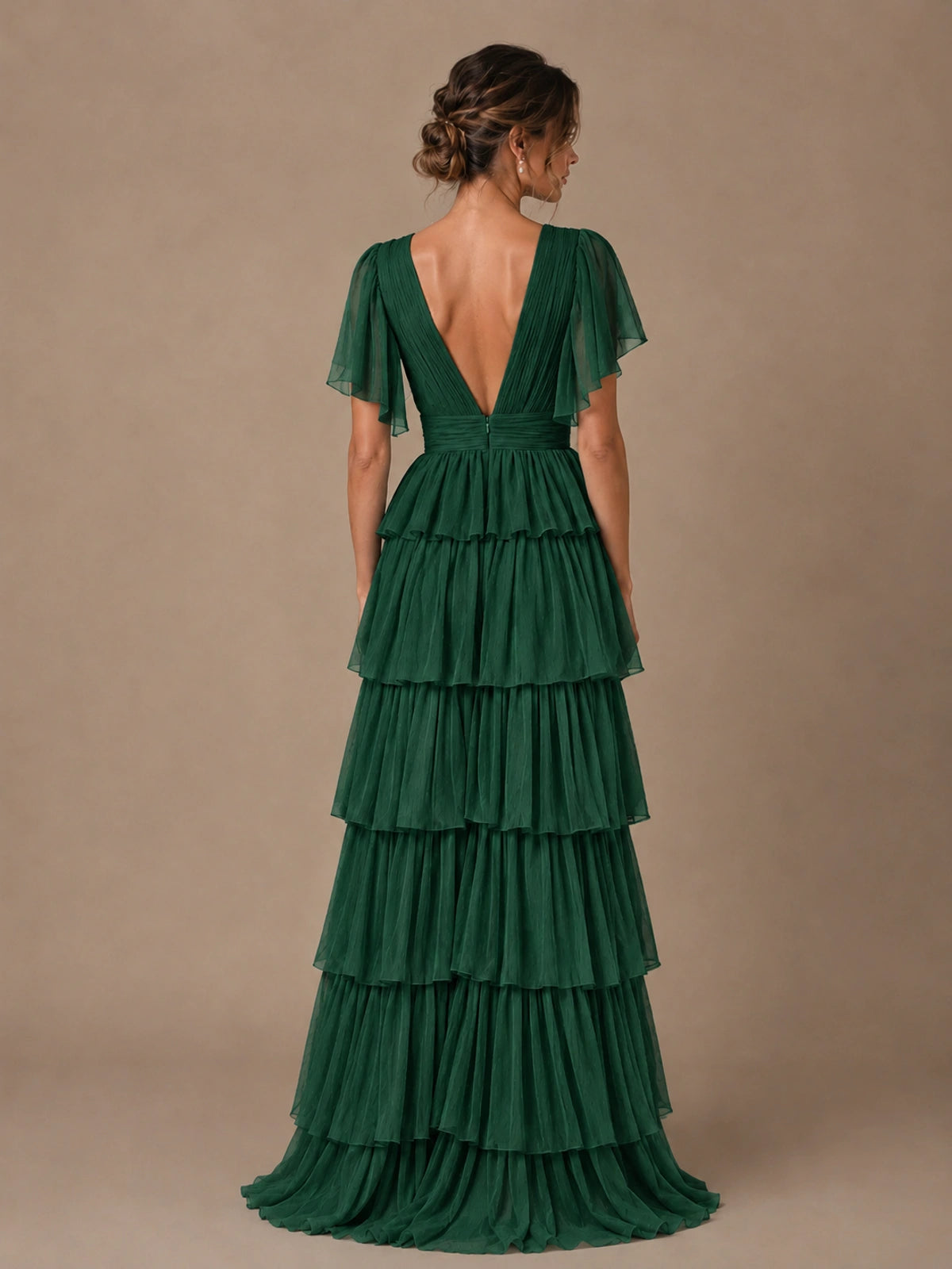 Chiffon V-Neck Tiered Ruffle Bridesmaid Dress with Slit