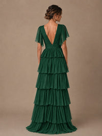 Chiffon V-Neck Tiered Ruffle Bridesmaid Dress with Slit