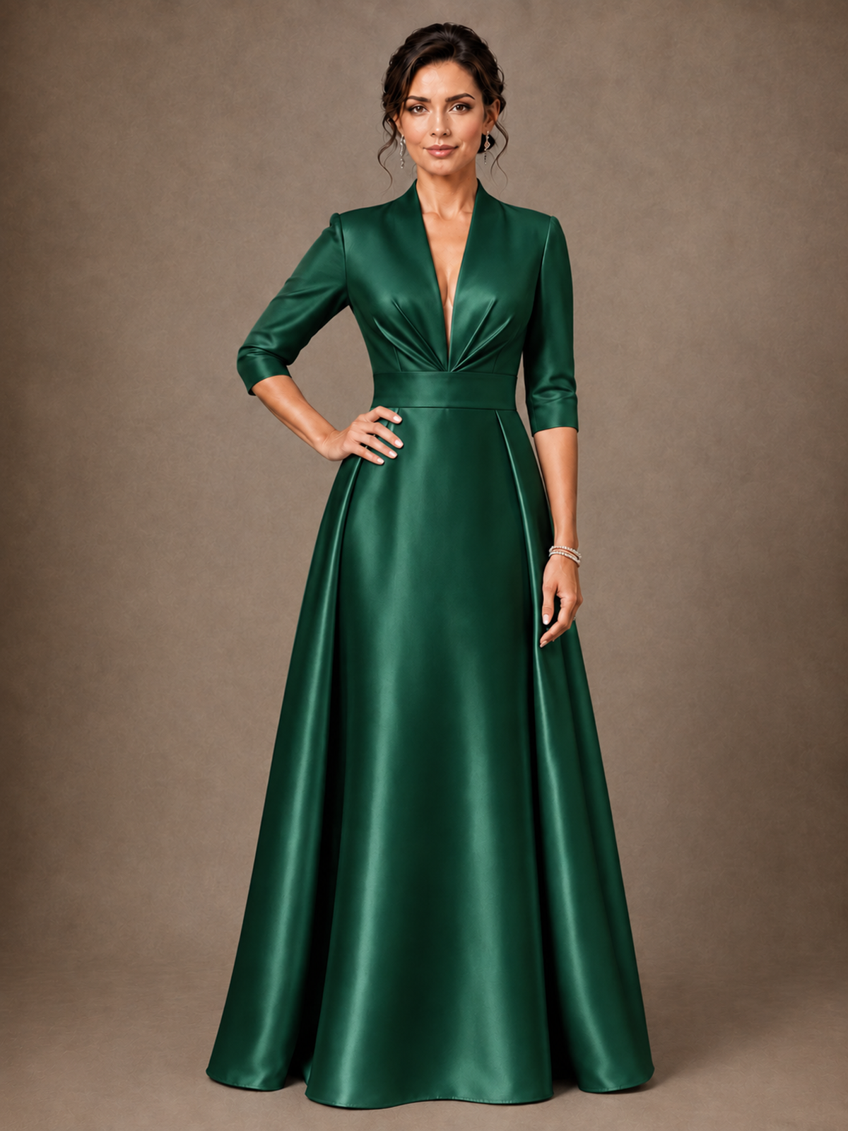 V-Neck Pleated Satin Mother of the Bride Gown with 3/4 Sleeves