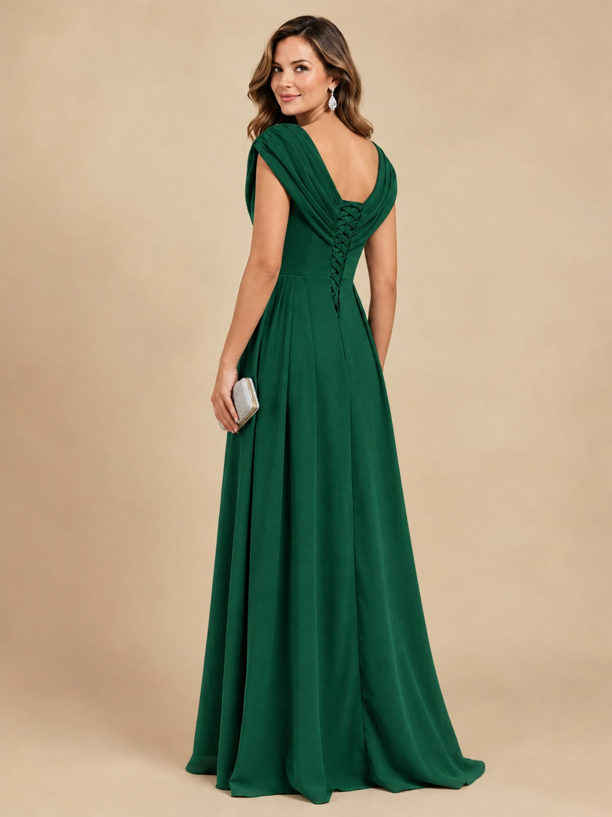 V Neck Pleated Mother of The Bride Dresses with Beading Cap Sleeves