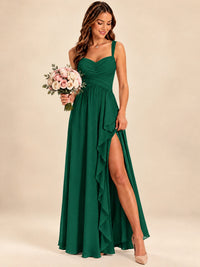 Spaghetti Straps Pleated Chiffon Bridesmaid Dress with Ruffle Slit