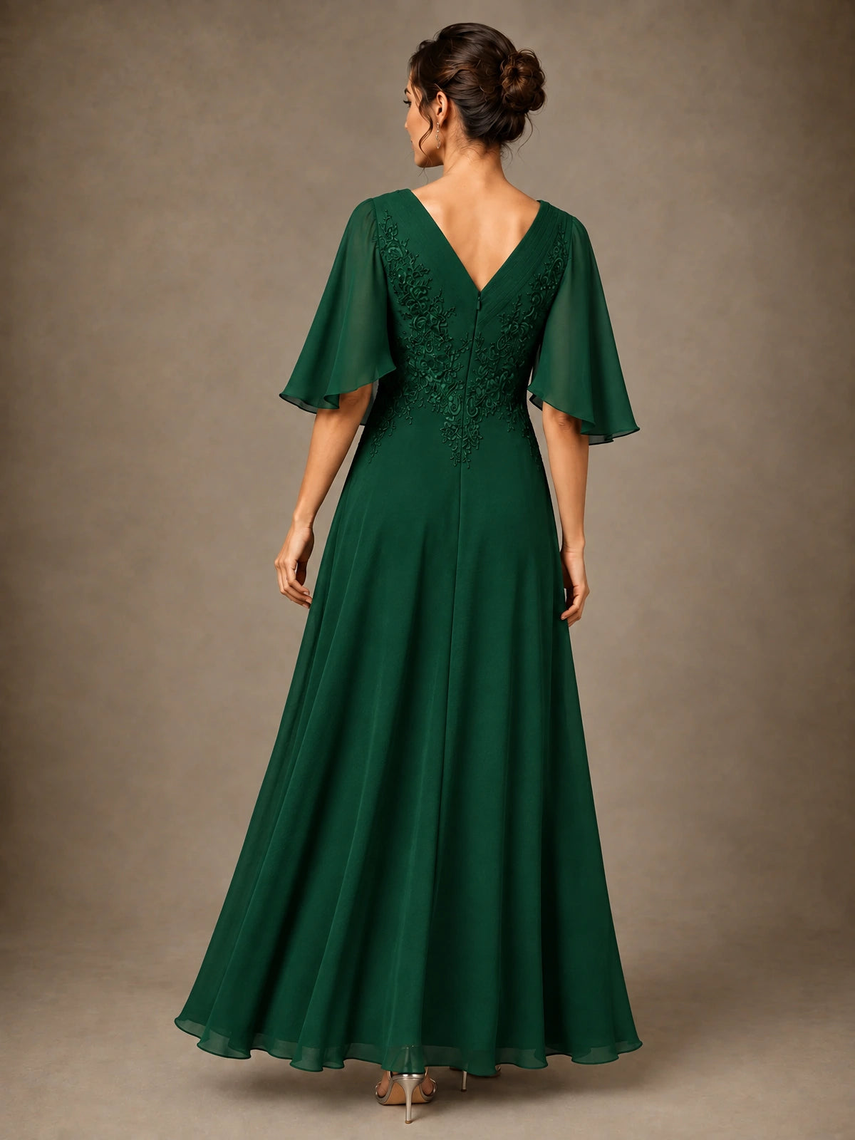 V-Neck Chiffon Lace Mother of the Bride Dress with Flutter Sleeves