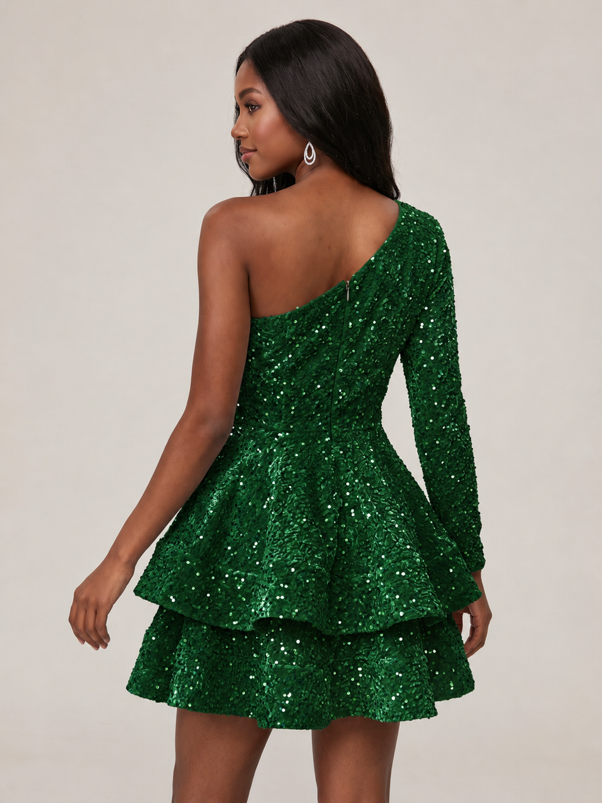 Puffy One Shoulder Sequin Tiered Mini Dress