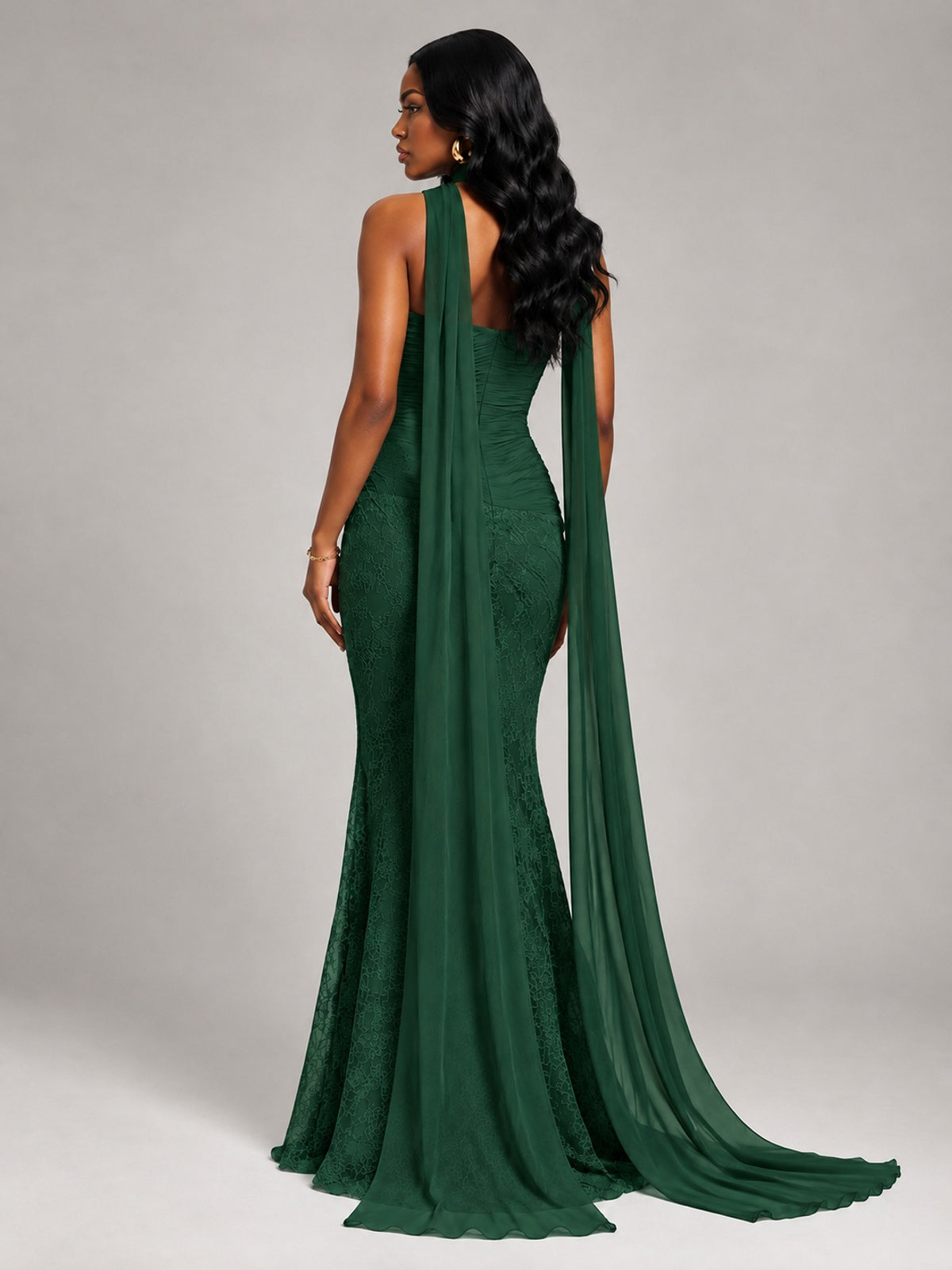 Pleated Chiffon Lace Prom Dresses Long Bodycon Mermaid with Scarf