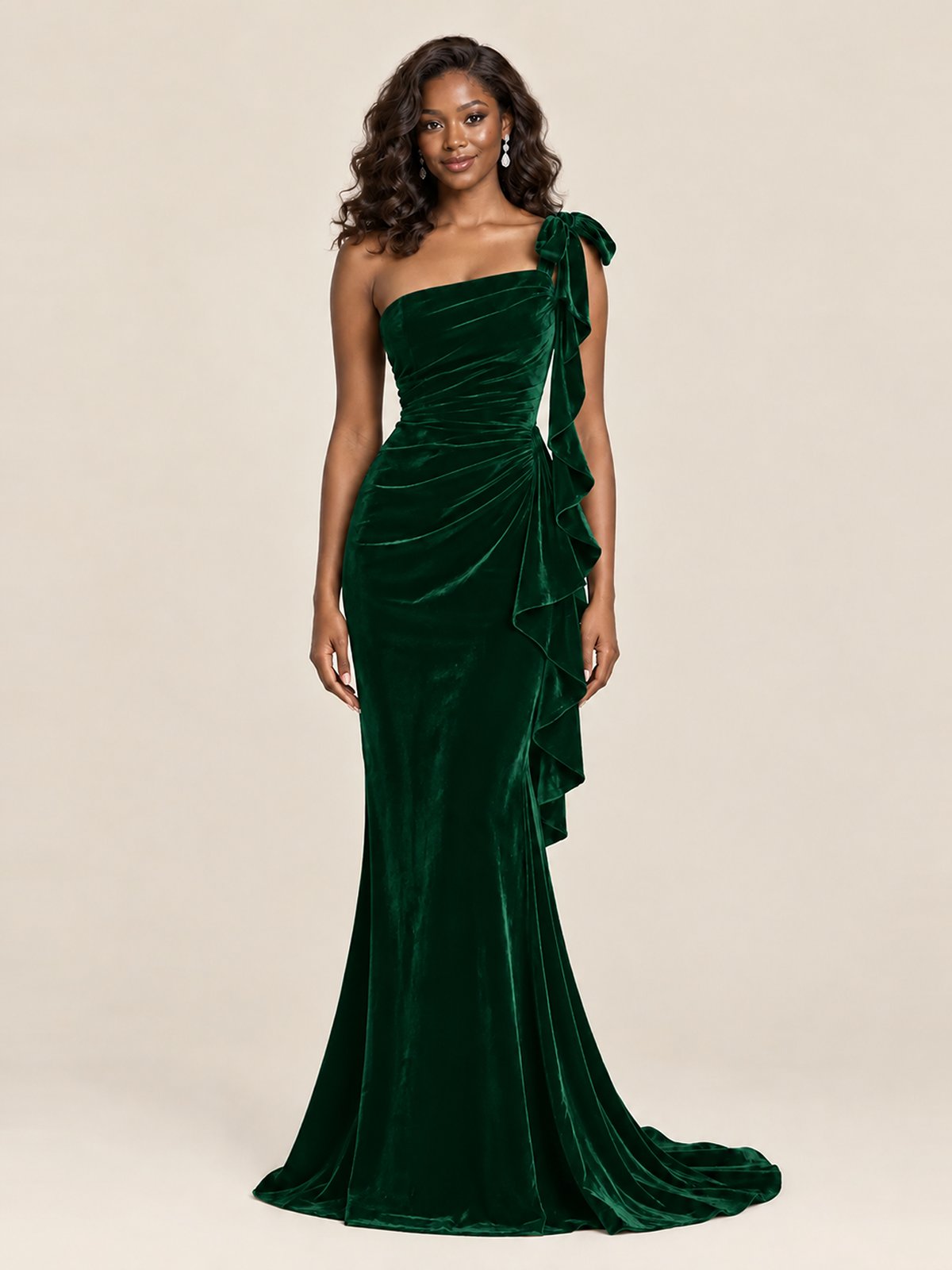 Black Velvet One-Shoulder Mermaid Evening Gown with Bow & Ruffles