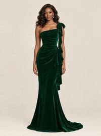 Black Velvet One-Shoulder Mermaid Evening Gown with Bow & Ruffles