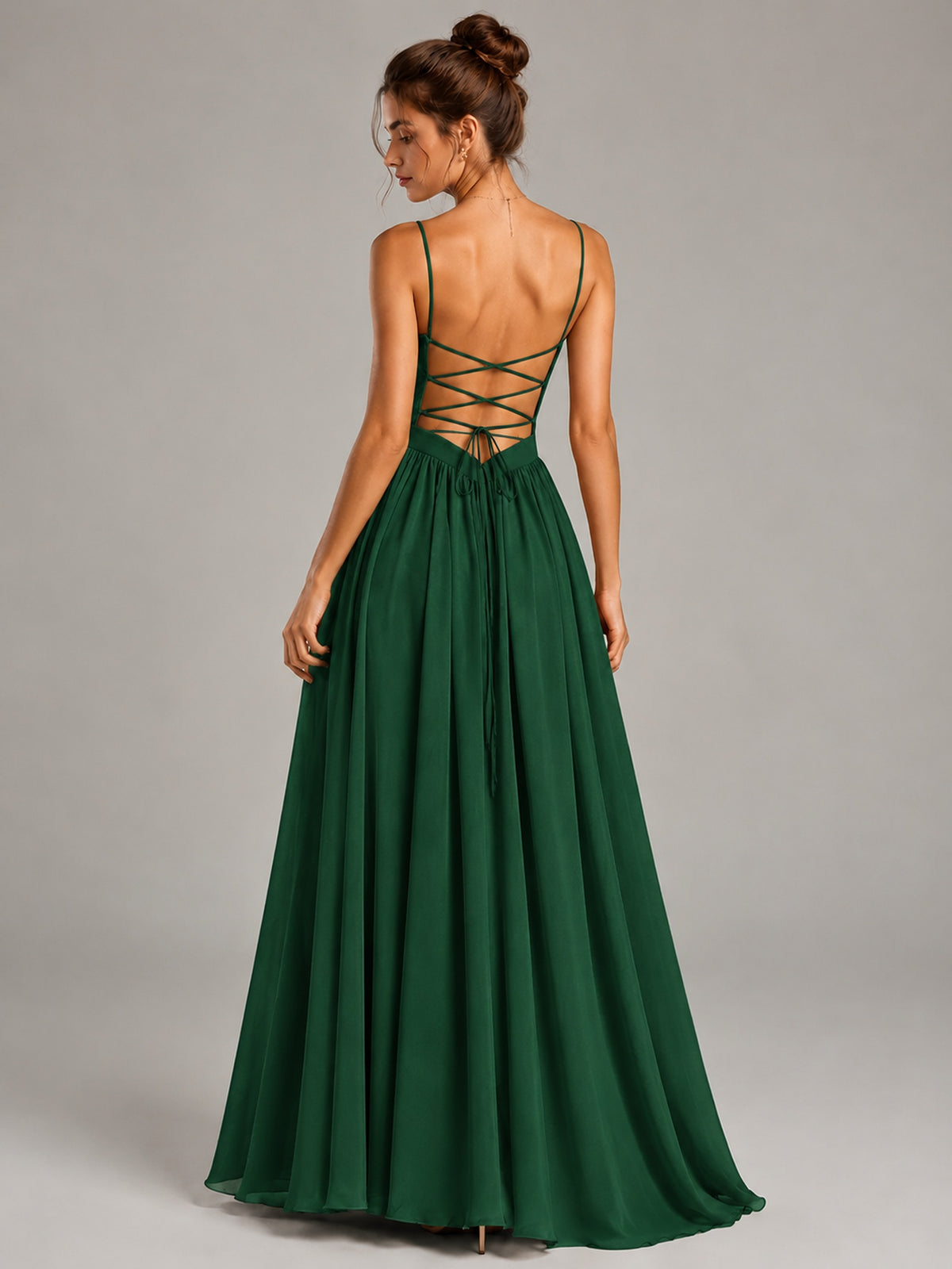 Spaghetti Strap Ruched Chiffon Maxi Dress with Backless