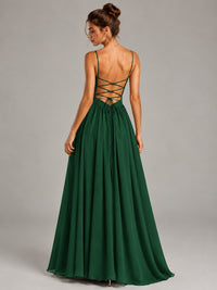 Spaghetti Strap Ruched Chiffon Maxi Dress with Backless