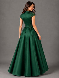 Lace Appliqué A-Line Satin Maxi Dress