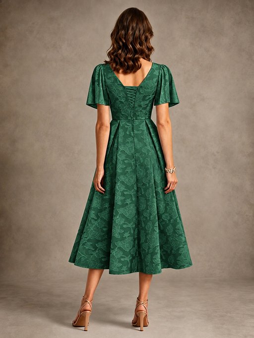 V-Neck Floral Jacquard Tea-Length Mother of the Bride Dress