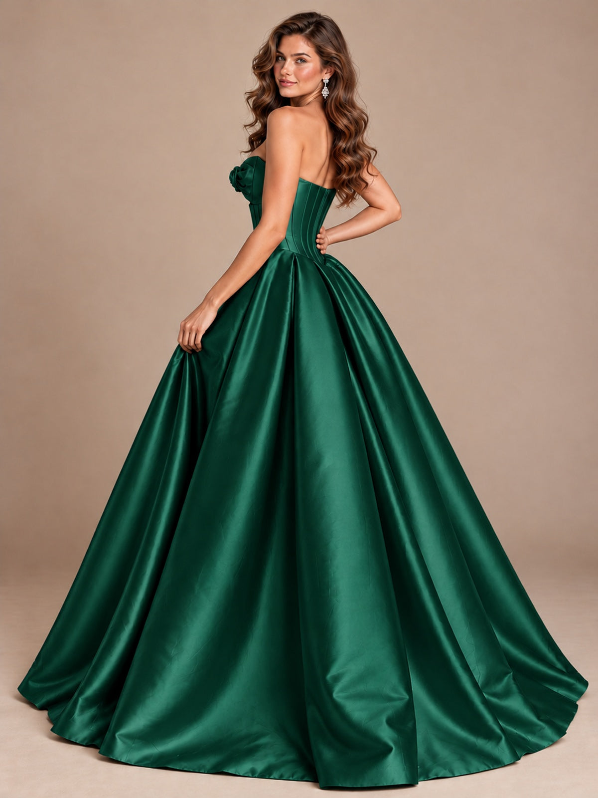 Pink Strapless Corset Satin Prom Derss & Ball Gown with 3D Floral