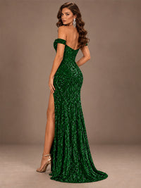 Off the Shoulder Corset Sequin Mermaid Prom Dress with Slit