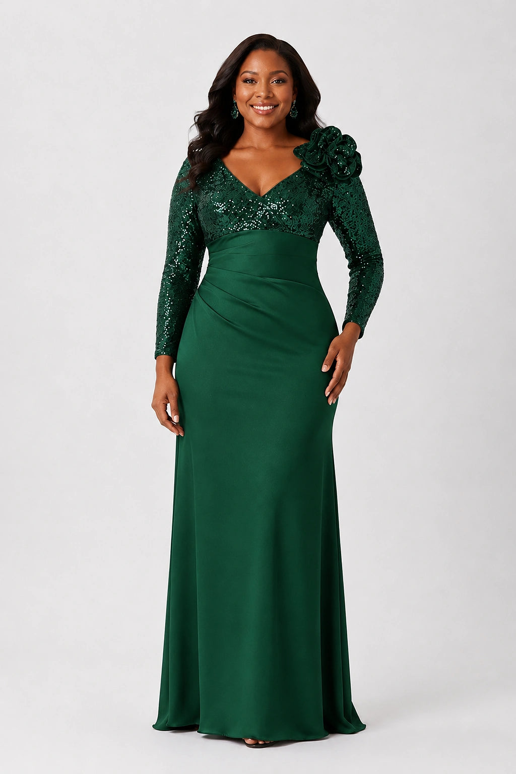 Sequin Mother of the Bride Dress with Long Sleeves 3D Floral V-Neck Gown