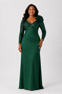 Sequin Mother of the Bride Dress with Long Sleeves 3D Floral V-Neck Gown