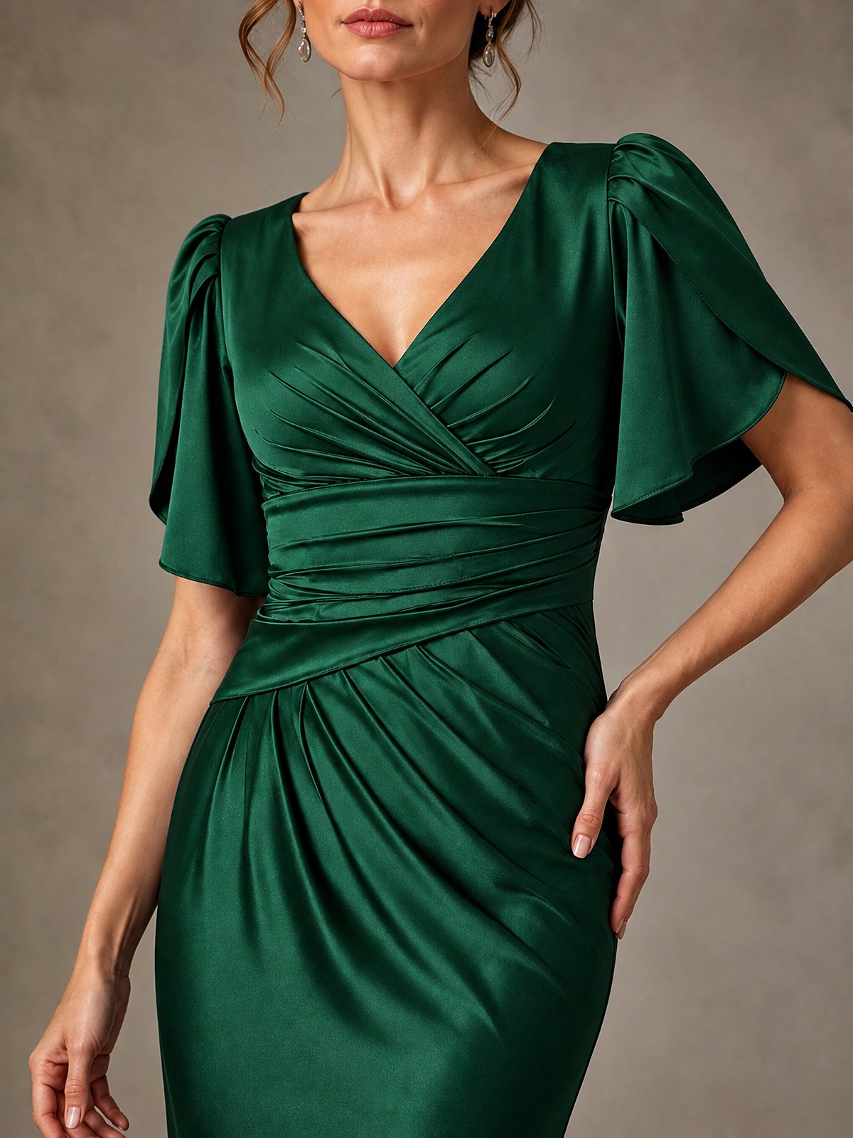 V-Neck Satin Mother of the Bride Dress with Flutter Sleeves