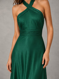 Sage Green Satin A-Line Bridesmaid Dress with Halter Neck