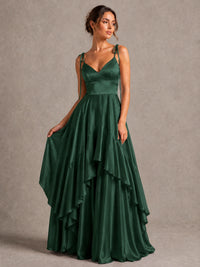 Lavender Satin V-Neck Ruffle Maxi Dress
