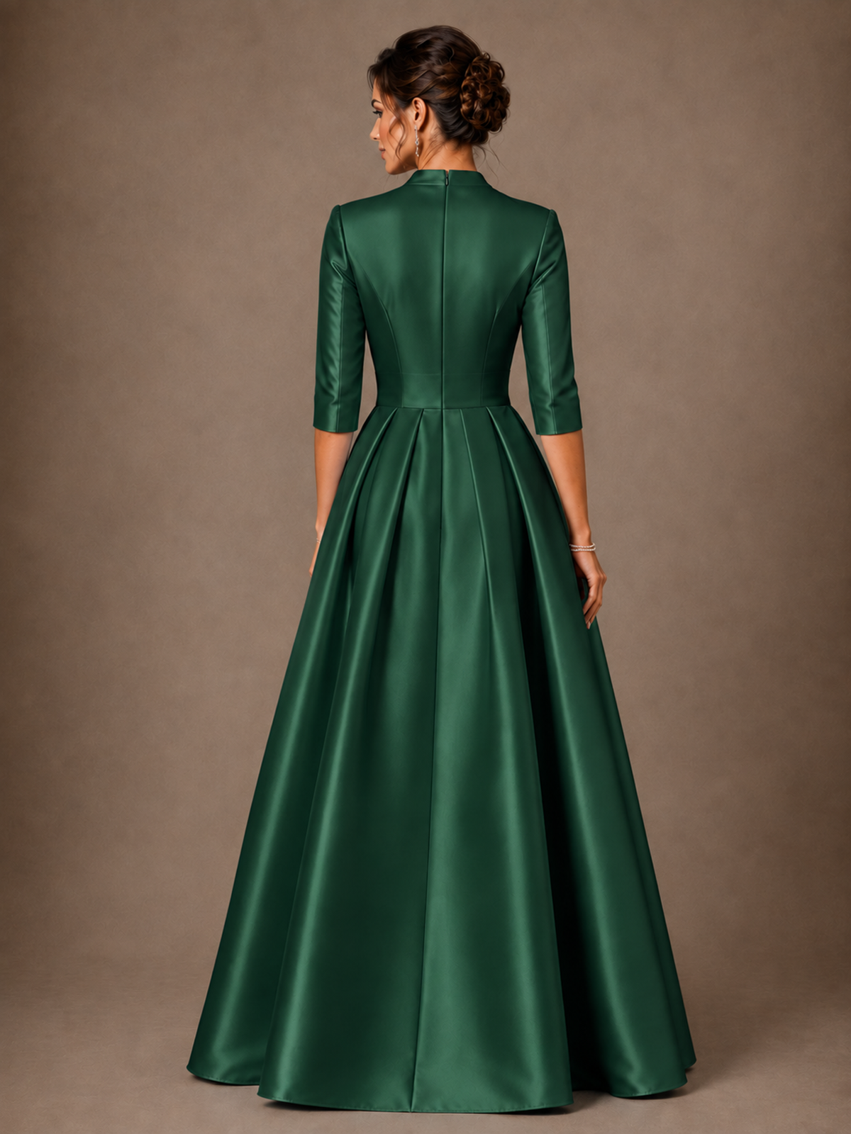 V-Neck Pleated Satin Mother of the Bride Gown with 3/4 Sleeves