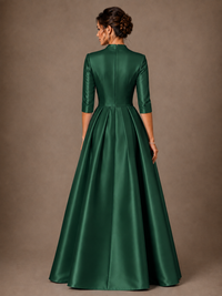 V-Neck Pleated Satin Mother of the Bride Gown with 3/4 Sleeves