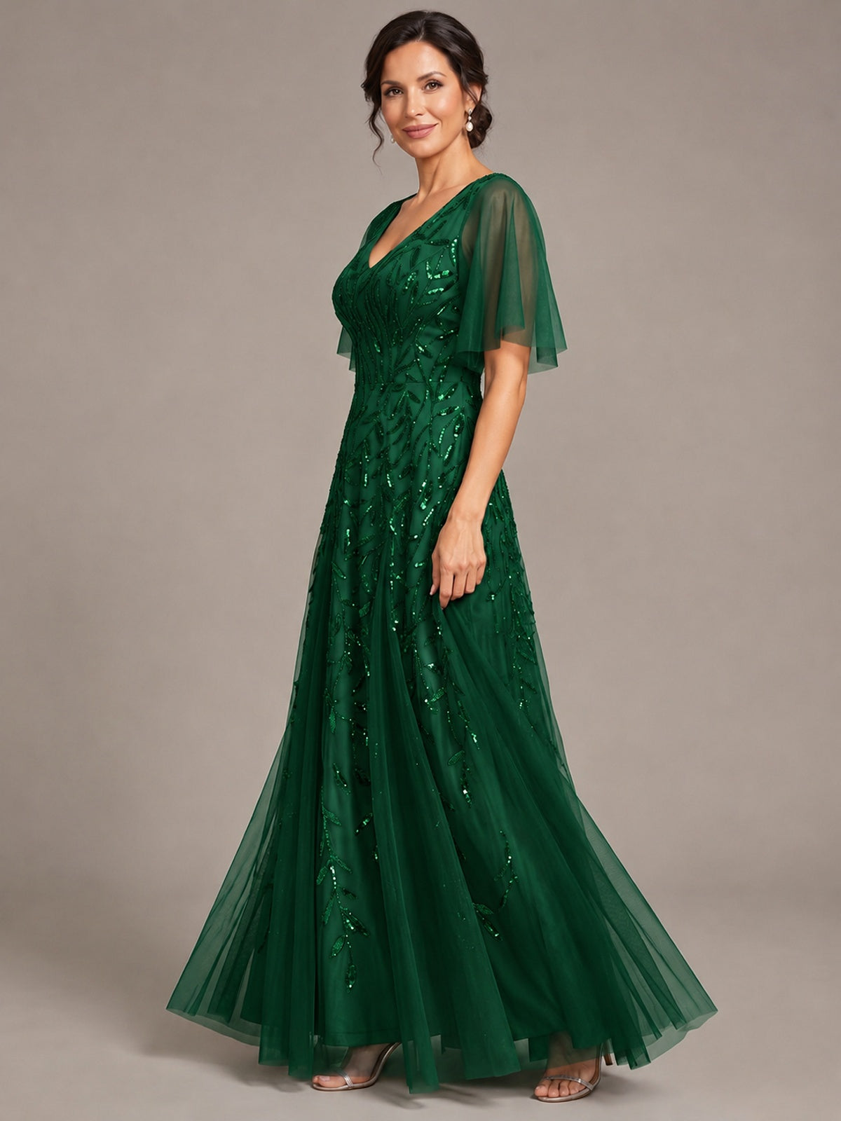 V-Neck Sequin Tulle Mother of the Bride Dress with Flutter Sleeve