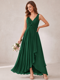 V-Neck High-Low Chiffon Bridesmaid Dress with Ruffles