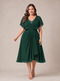 Navy Blue A-Line V-Neck Tea-Length Mother of the Bride Dress