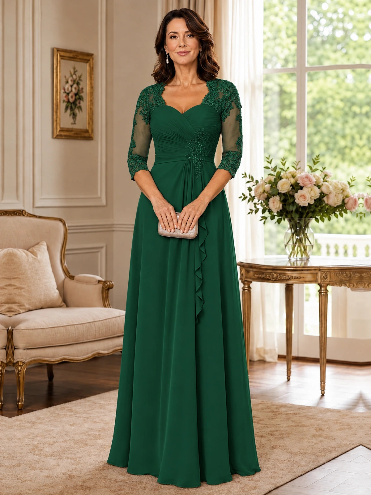 Chiffon Lace Applique Mother of the Bride Dress with 3/4 Sleeves