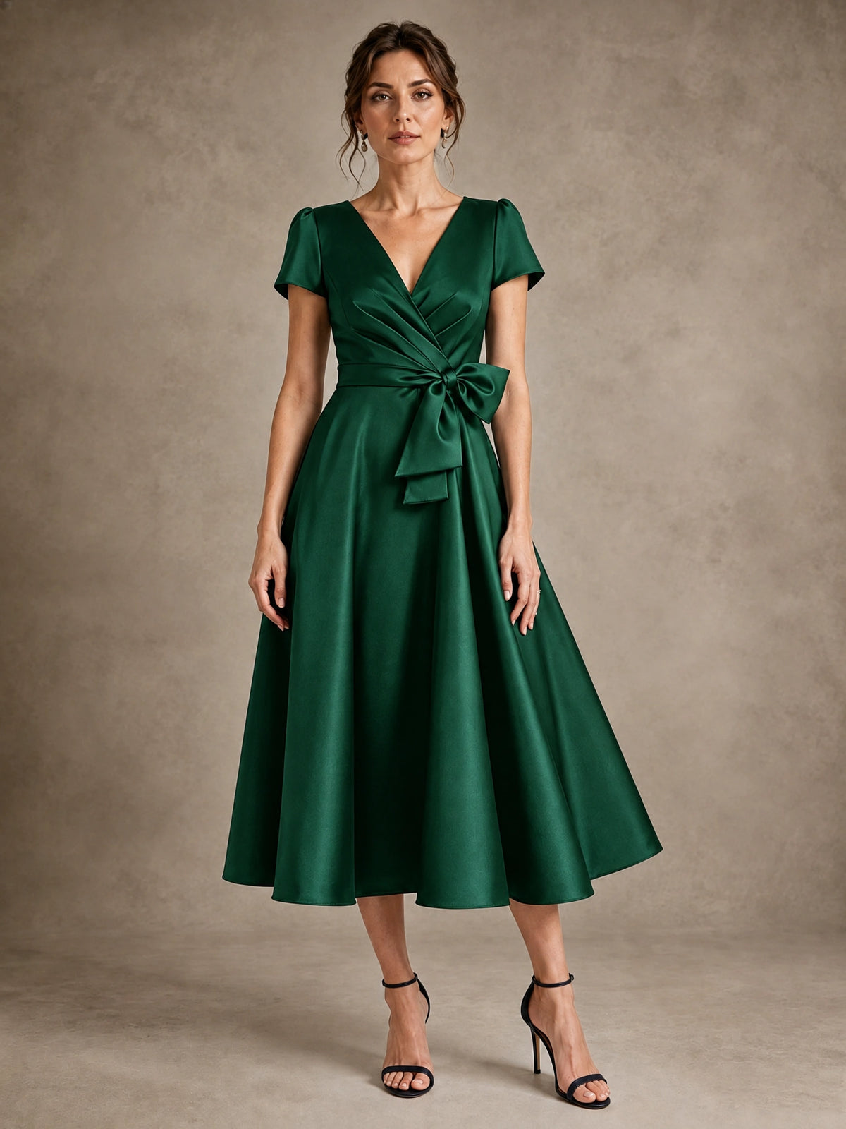 Emerald Green V-Neck Tea-Length Satin Mother of the Bride Dress with Bow Jovellee