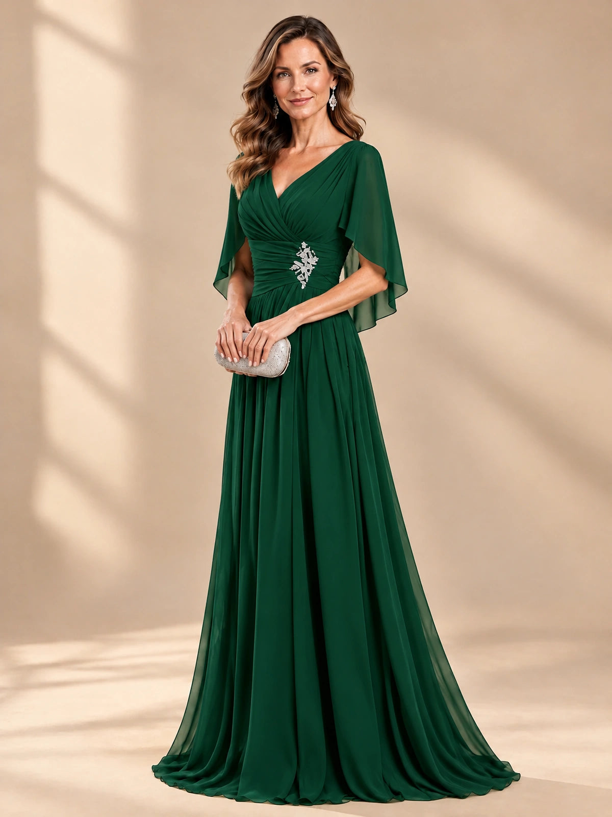 Ruched V Neck Mother of The Bride Dresses with Shawls Appliques and Cap Sleeves