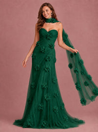 Blush Pink Strapless Sweetheart 3D Floral Tulle Mermaid Prom Dress
