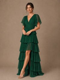 Chiffon V-Neck Tiered Ruffle Bridesmaid Dress with Slit