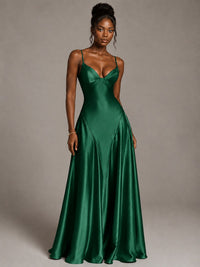 Lavender V Neck Satin Prom Dress with Spaghetti Straps