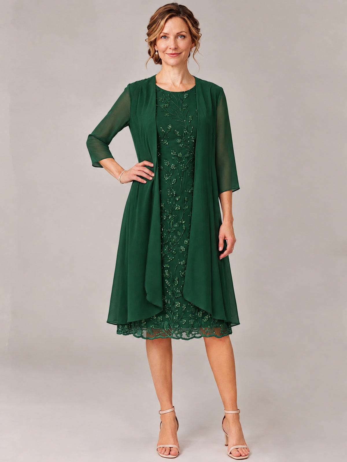 Tea Length Sequin Lace Mother of The Bride Dress with Chiffon Jacket