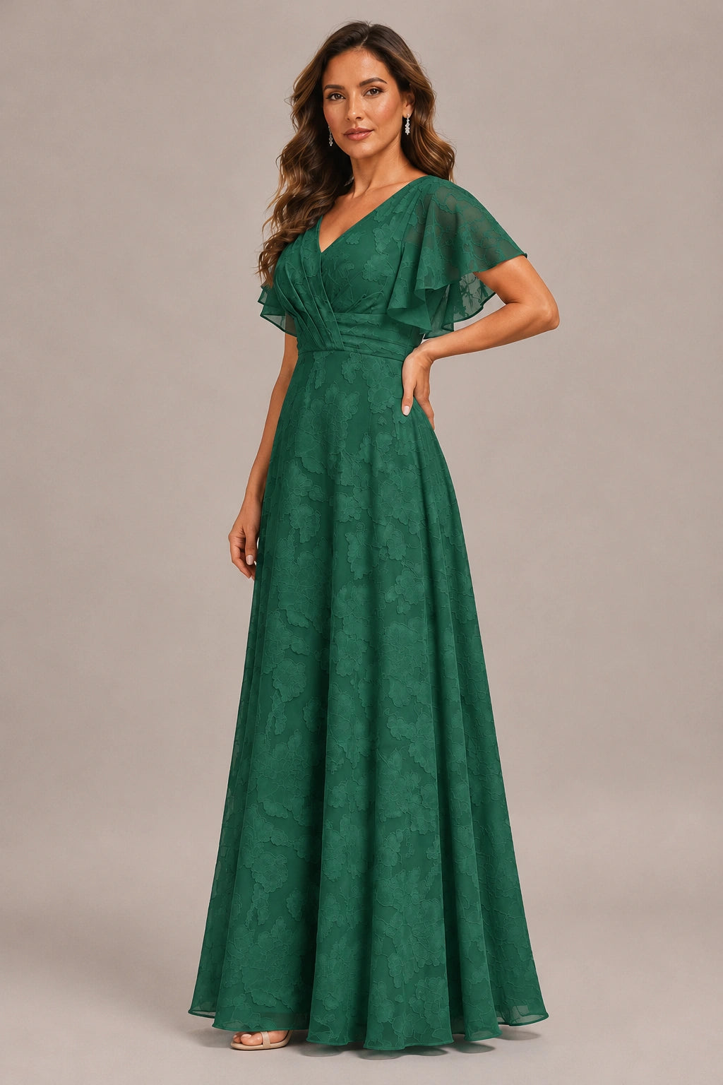 Jovellee Floral Chiffon A-Line Mother of the Bride Dress with Flutter Sleeves