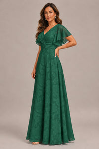 Jovellee Floral Chiffon A-Line Mother of the Bride Dress with Flutter Sleeves