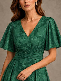 V-Neck Floral Jacquard Tea-Length Mother of the Bride Dress