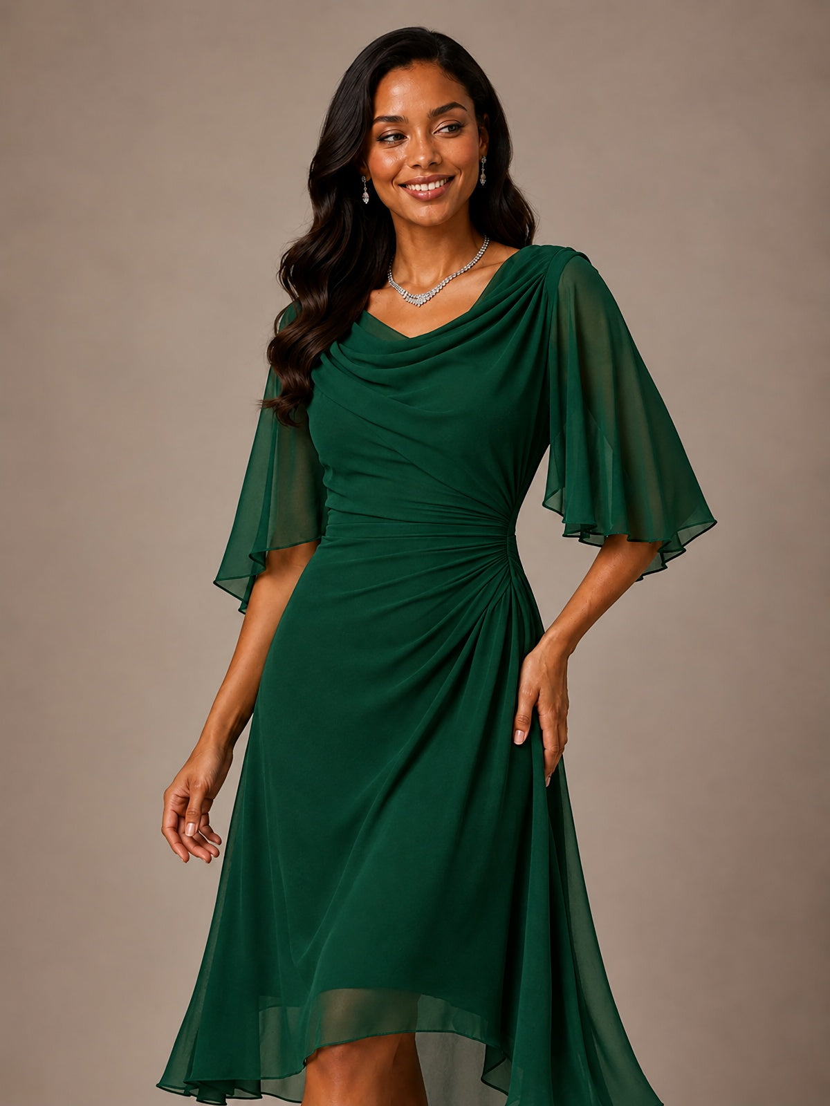 Cowl Neck Ruched Chiffon Mother of the Bride Dresses with Flutter Sleeves
