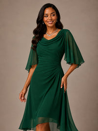 Cowl Neck Ruched Chiffon Mother of the Bride Dresses with Flutter Sleeves