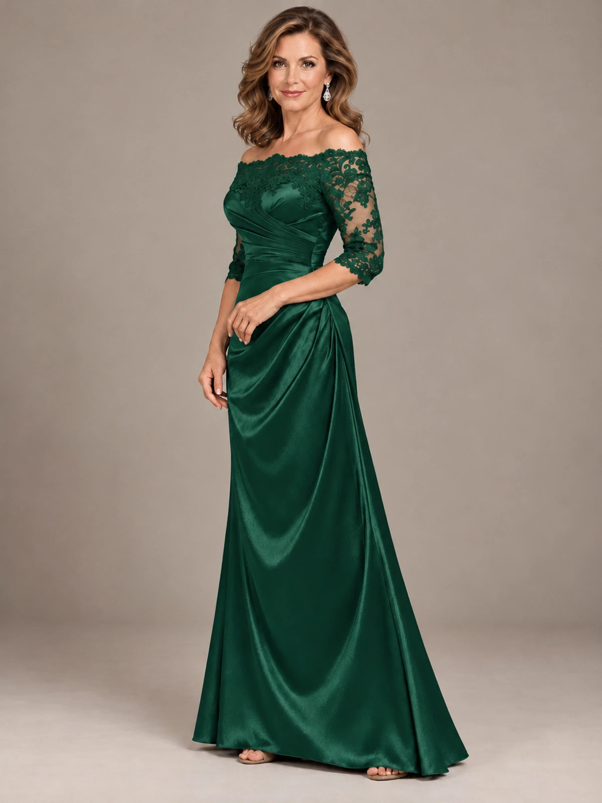 Satin Mother of the Bride Dress with Lace Sleeves Off Shoulder Formal Gown