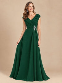 V Neck Pleated Mother of The Bride Dresses with Beading Cap Sleeves