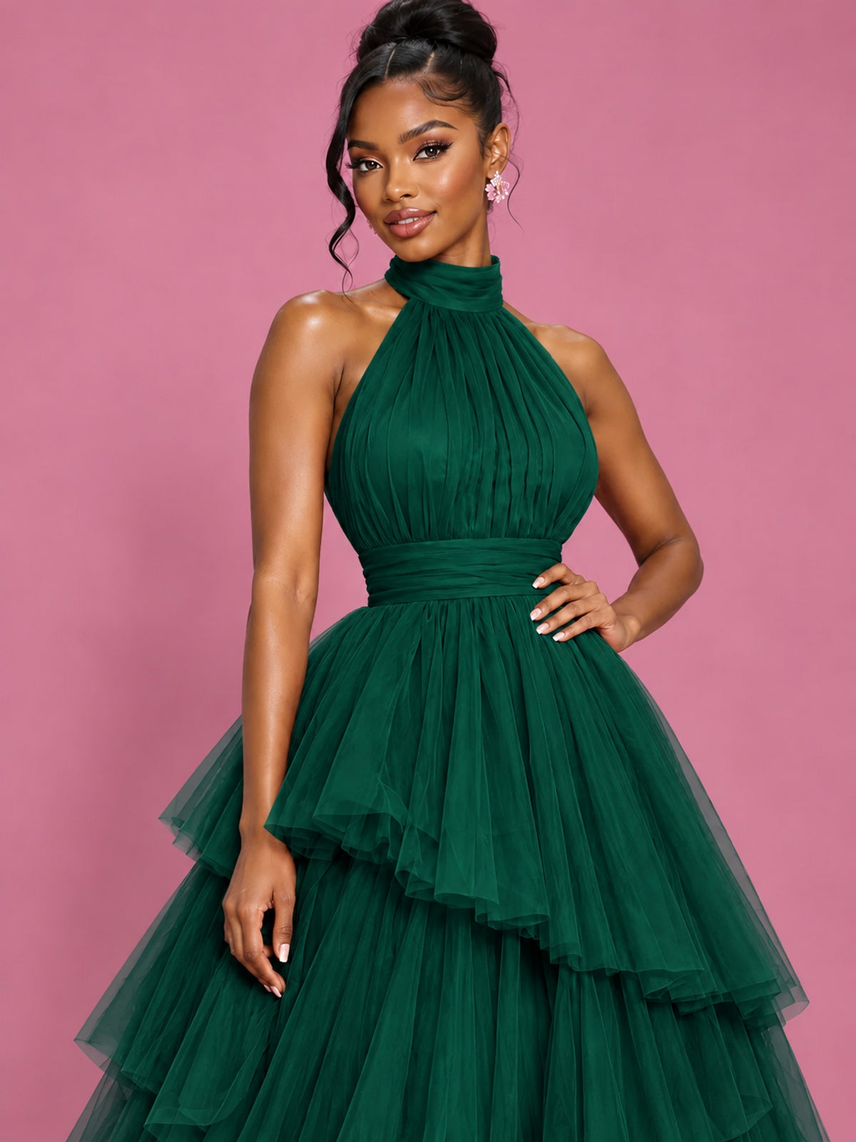 Hot Pink Tulle Halter Neck Tiered Ruffle Maxi Dress