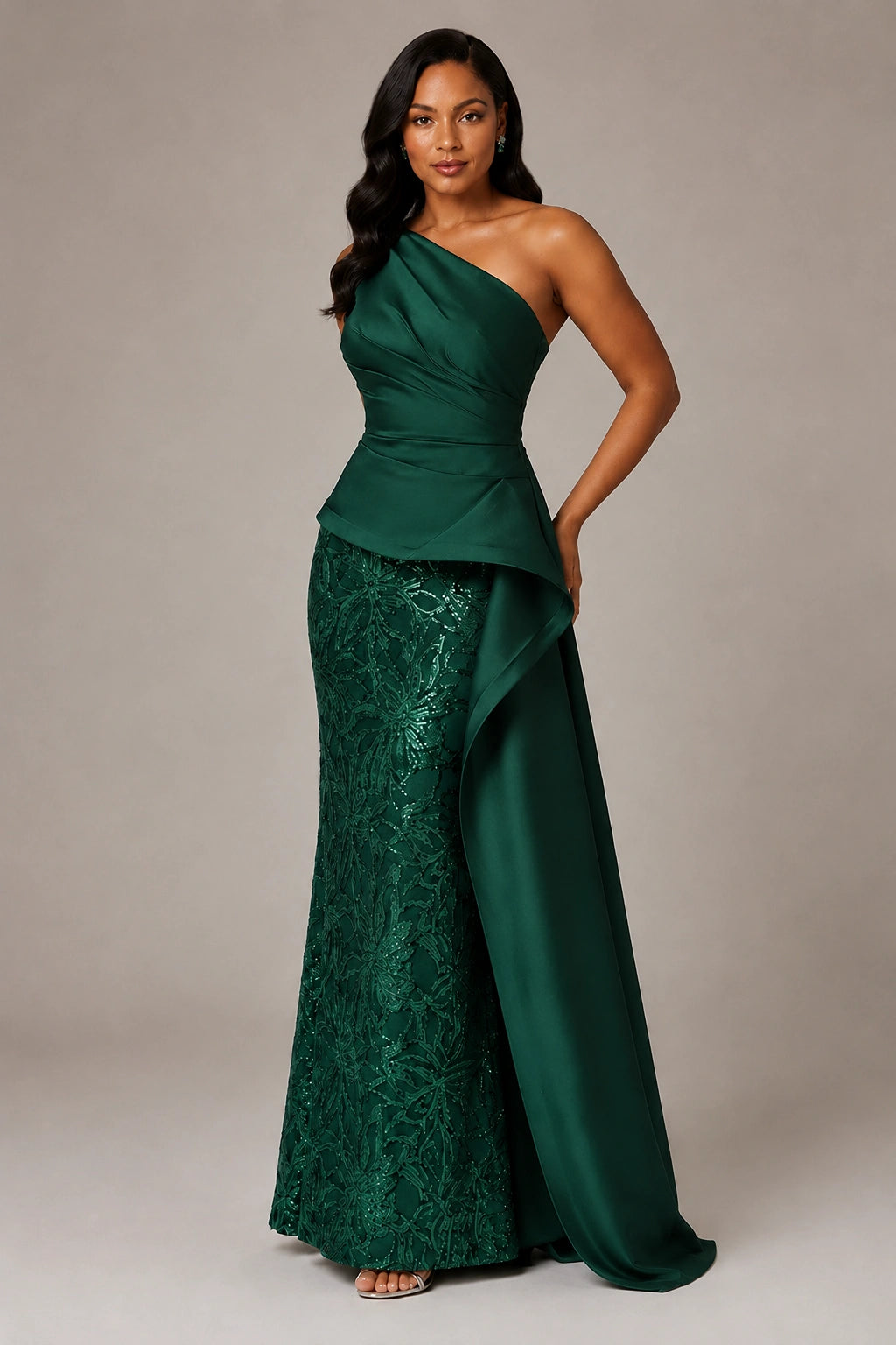 One-Shoulder Mother of the Bride Dress with Sequin Skirt and Peplum