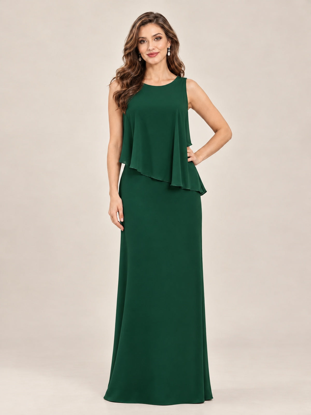 Cape Sleeve Mother of the Bride Dress with Asymmetrical Overlay