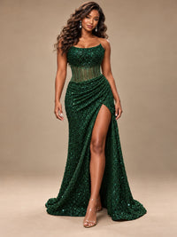 Gold Sequin Strapless Corset Prom Dress with High Slit