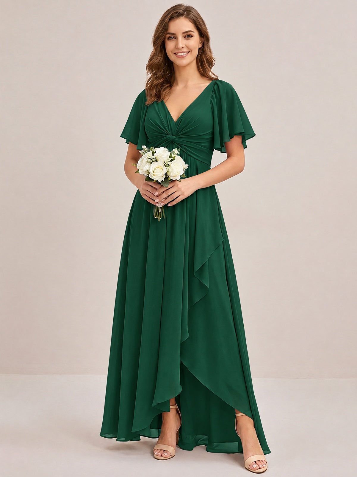 Dusty Blue Chiffon Bridesmaid Dress with Flutter Sleeves & High-Low Hem